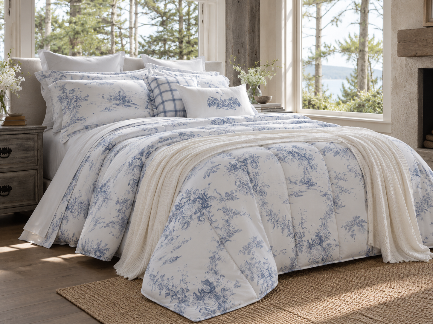 Cama com roupa de cama branca e azul em um ambiente iluminado